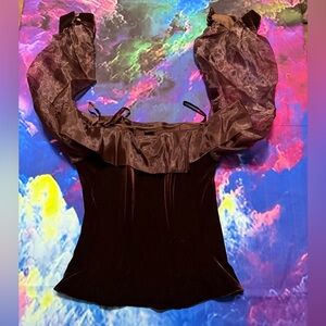 Women’s Vintage Brown Velvet Off-Shoulder Top with Laced Sleeves
